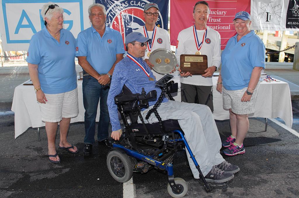 Sonar class winners Clagett 2017 Y-Knot program credit Clagett Regatta - L-R Judy McLennan, Carl Lessard, Dave Whalen, J. R. Hardenburgh, Spencer Raggio, Stephanie McLennan © Ro Fernandez